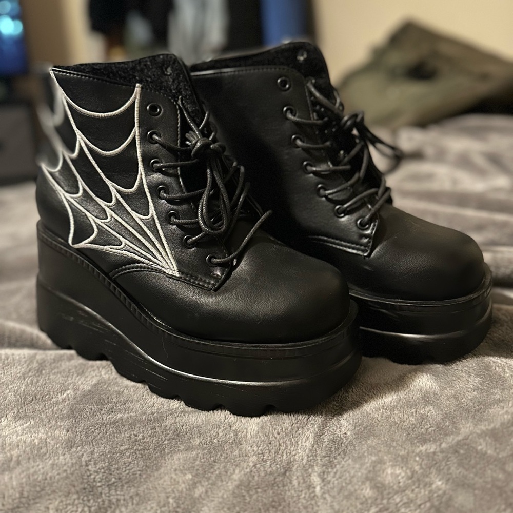 Black Platform Boots with Spider Web Design